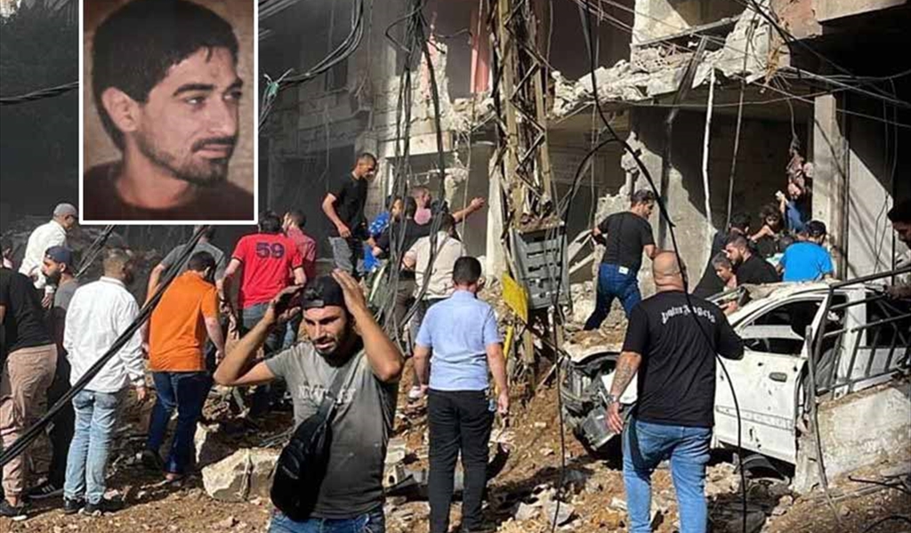 المبنى المدمَّر في منطقة القائم من جراء الغارة الاسرائيلية بعد ظهر أمس (وداخل الاطار القيادي المستهدف ابراهيم عقيل) (محمود يوسف)
