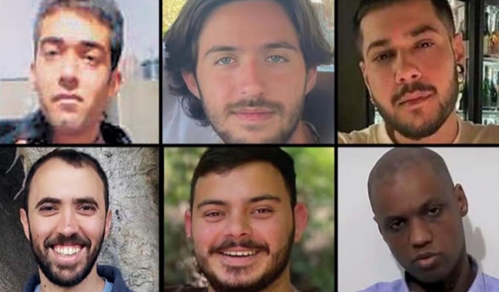 الرهائن الستة المقرر الإفراج عنهم السبت: في الأعلى من اليمين: (إيليا كوهين، عمر شيم توف، هشام السيد)،  في الأسفل من اليمين: (أفرا منجيستو، عمر فانكرت، وتال شوهام)