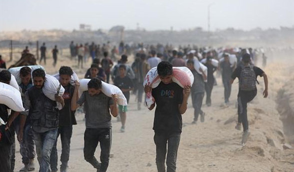 فلسطينيون يحملون مساعدات غذائية وسط أزمة جوع طاحنة في غزة