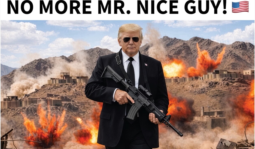 صورة نشرها ترامب وهو يرتدي نظارات شمسية ويحمل مدفعاً رشاشاً، والدمار خلفه في أحد مدن إيران مرفقة بعبارة «لا مزيد أيها الرجل اللطيف»